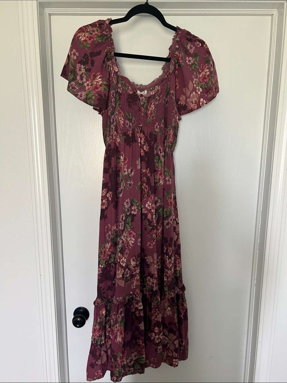 Maurices Mauve Floral Maxi Dress with Puff Sleeves
